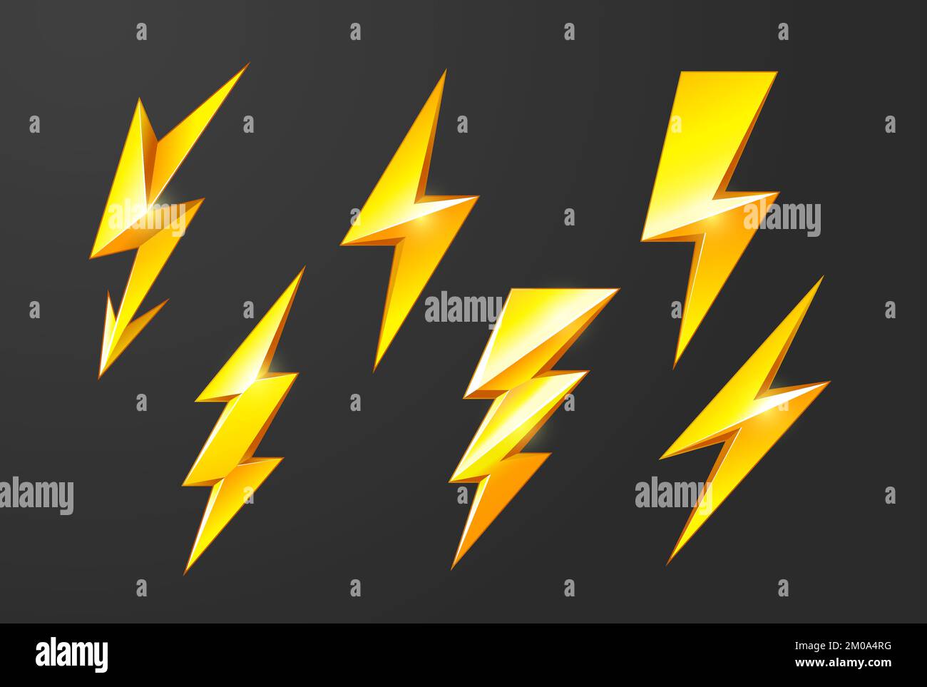 Lightning bolts set, thunderbolt and short circuit icons, electric discharge and lightning strike, vector Stock Vector