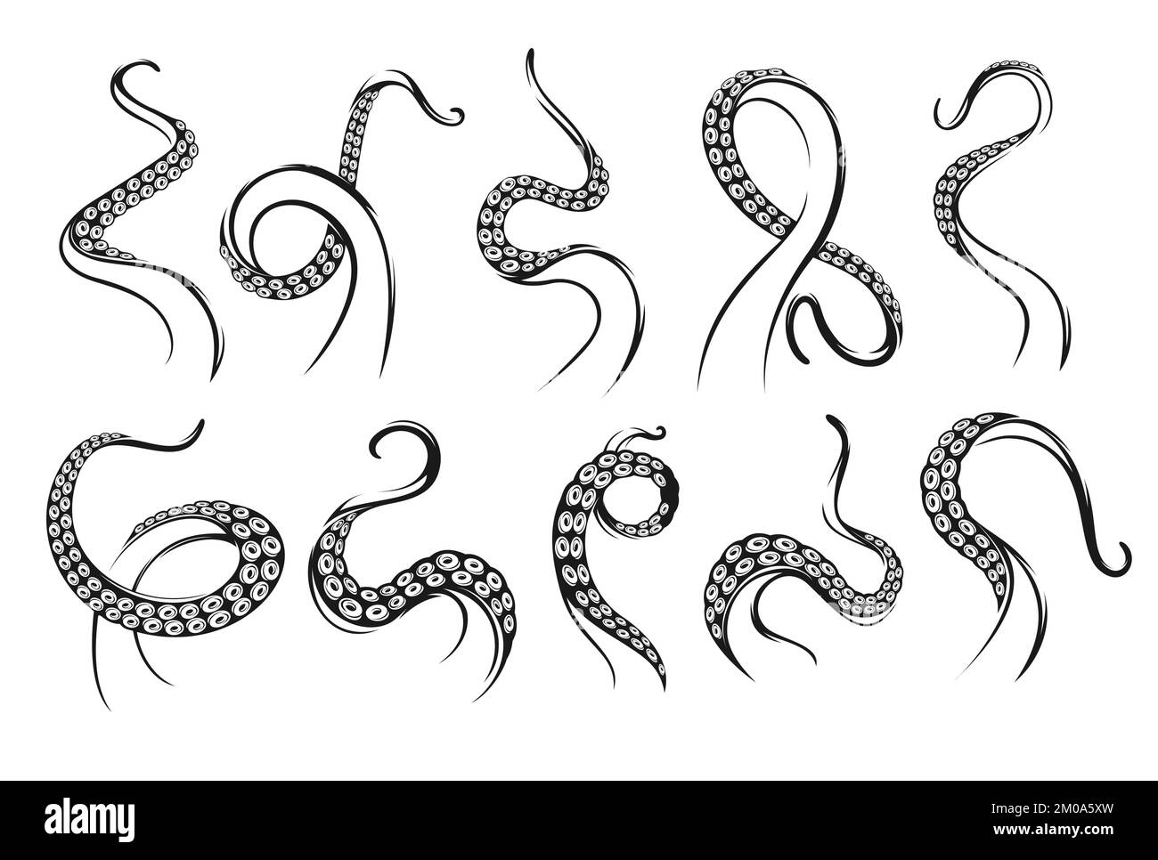Octopus tentacles. Kraken squid monster tattoo. Ocean scary monster or fantasy sea deep creature arm, isolated monochrome vector octopus curved, spiral tentacles with suckers Stock Vector