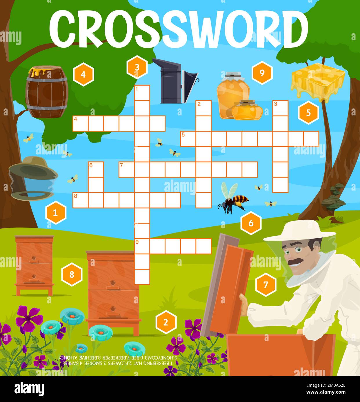 Beekeeping and apiary crossword grid worksheet. Find a word quiz vector game puzzle with cartoon beehives, honey, bee, honeycomb and beekeeper, beekeeping hat, smoker. Apiculture fill in squares game Stock Vector