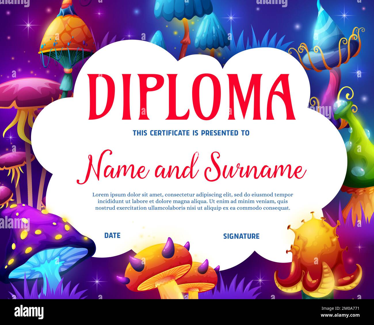 Kids diploma. Magic mushrooms fairytale forest on school education ...