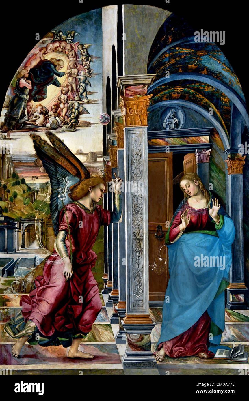 Annunciation 1491 by Luca Signorelli ( 1441/1445 – 16 October 1523) Italian Renaissance painter from Cortona in Tuscany Italy, Italian, Annunciation ,represents the biblical story, in which, Archangel Gabriel, announces to the ,Virgin Mary, that she has been chosen to be the, mother of Jesus, birth of Christ, Stock Photo