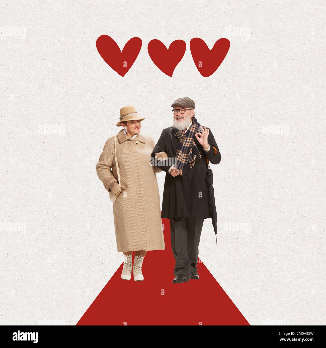 Contemporary art collage. Lovely, beautiful senior couple, stylish man