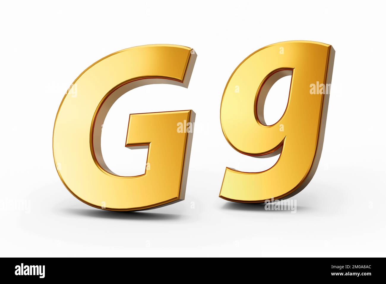 A 3D rendering of a letter G in gold metal isolated on white background ...