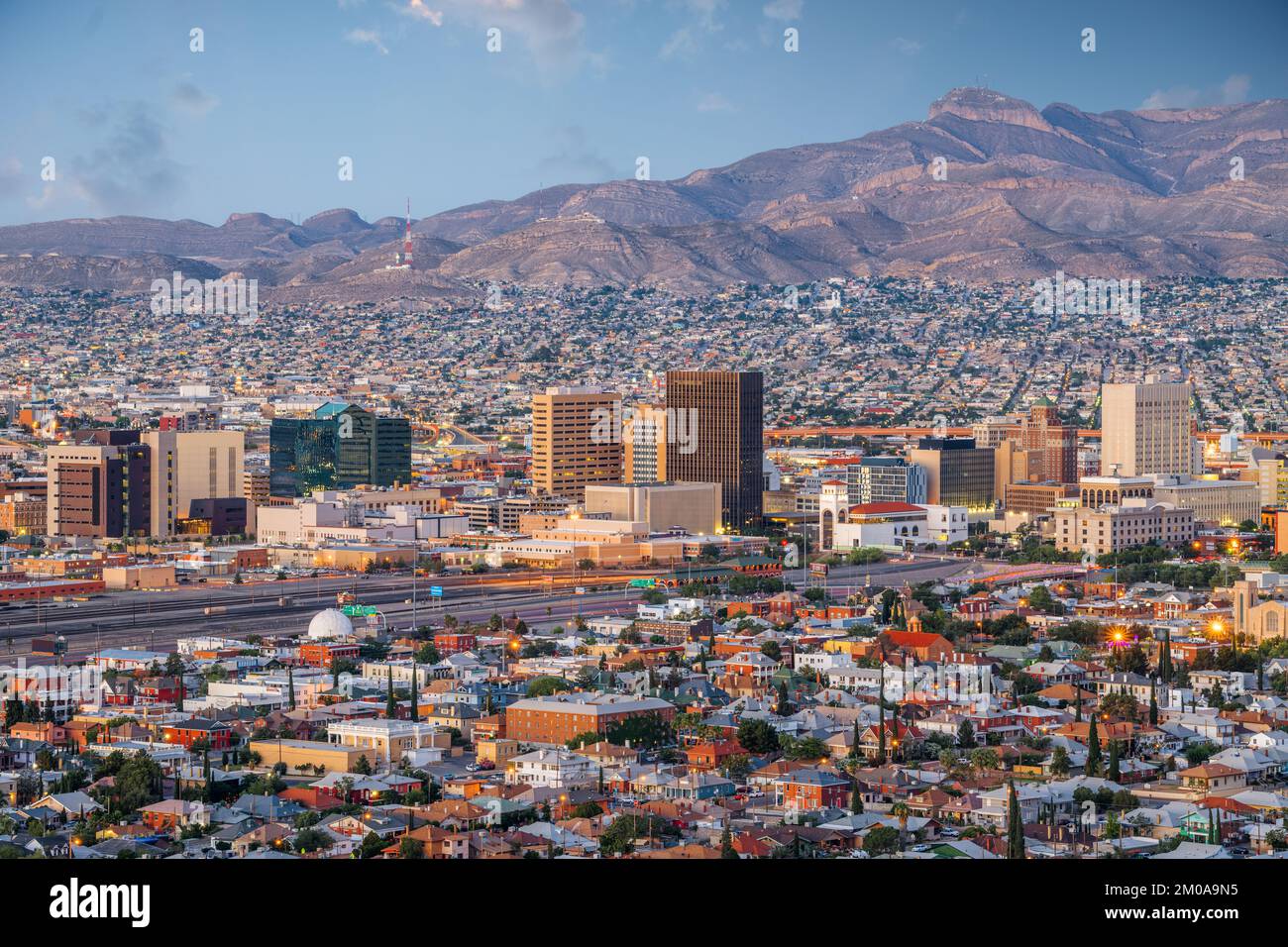 El Paso, Texas, USA  downtown city skyline at dusk with Juarez, Mexico in the distance. Stock Photo