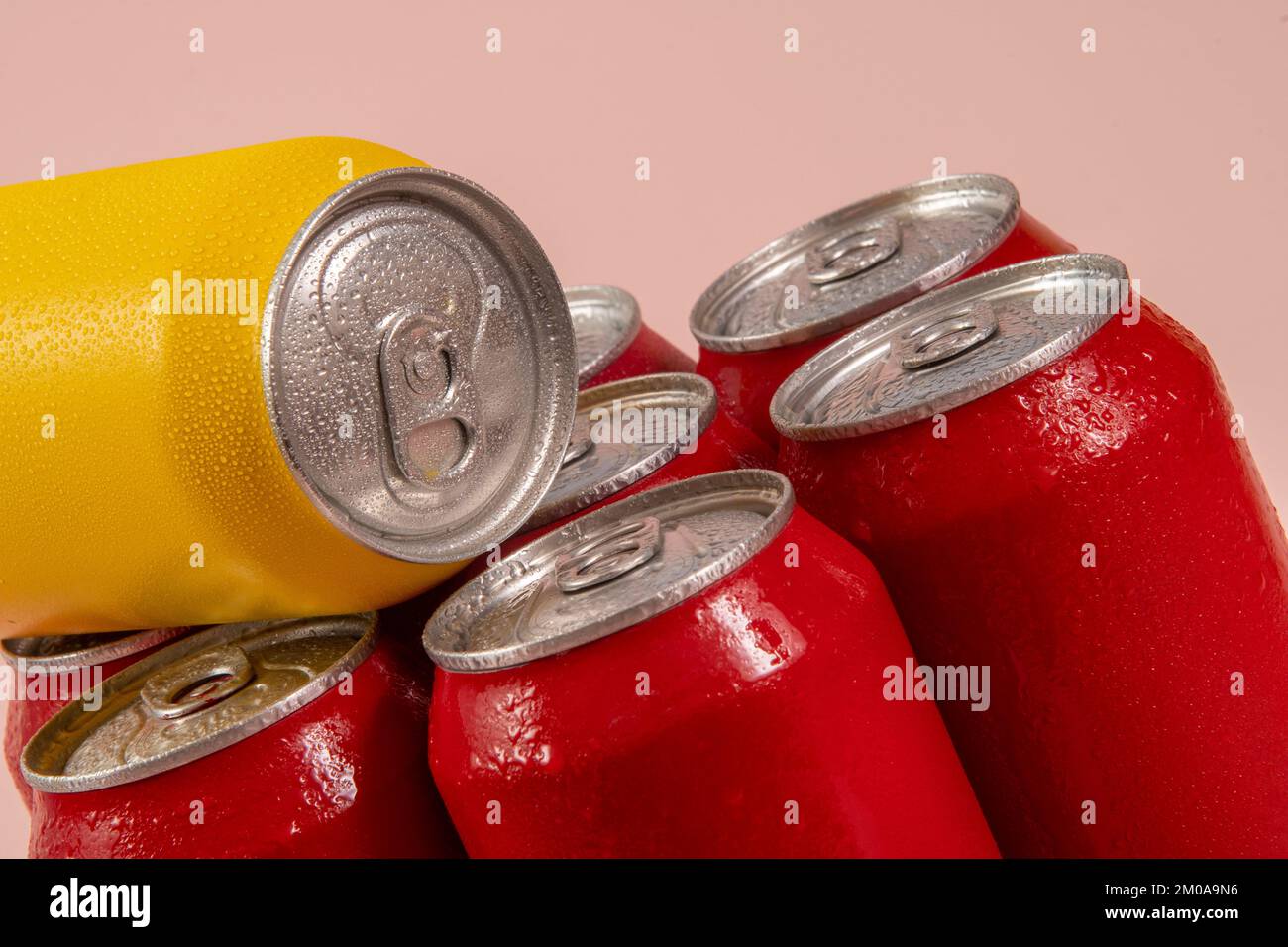 Group of aluminum soda cans, chilled, frozen and with water drops Stock