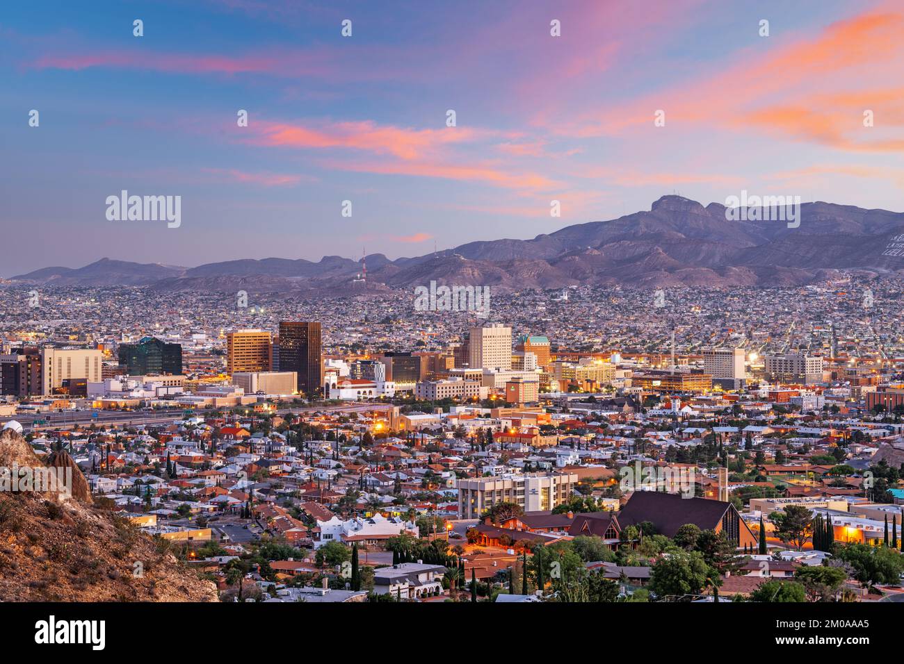 El Paso, Texas, USA  downtown city skyline at dusk with Juarez, Mexico in the distance. Stock Photo