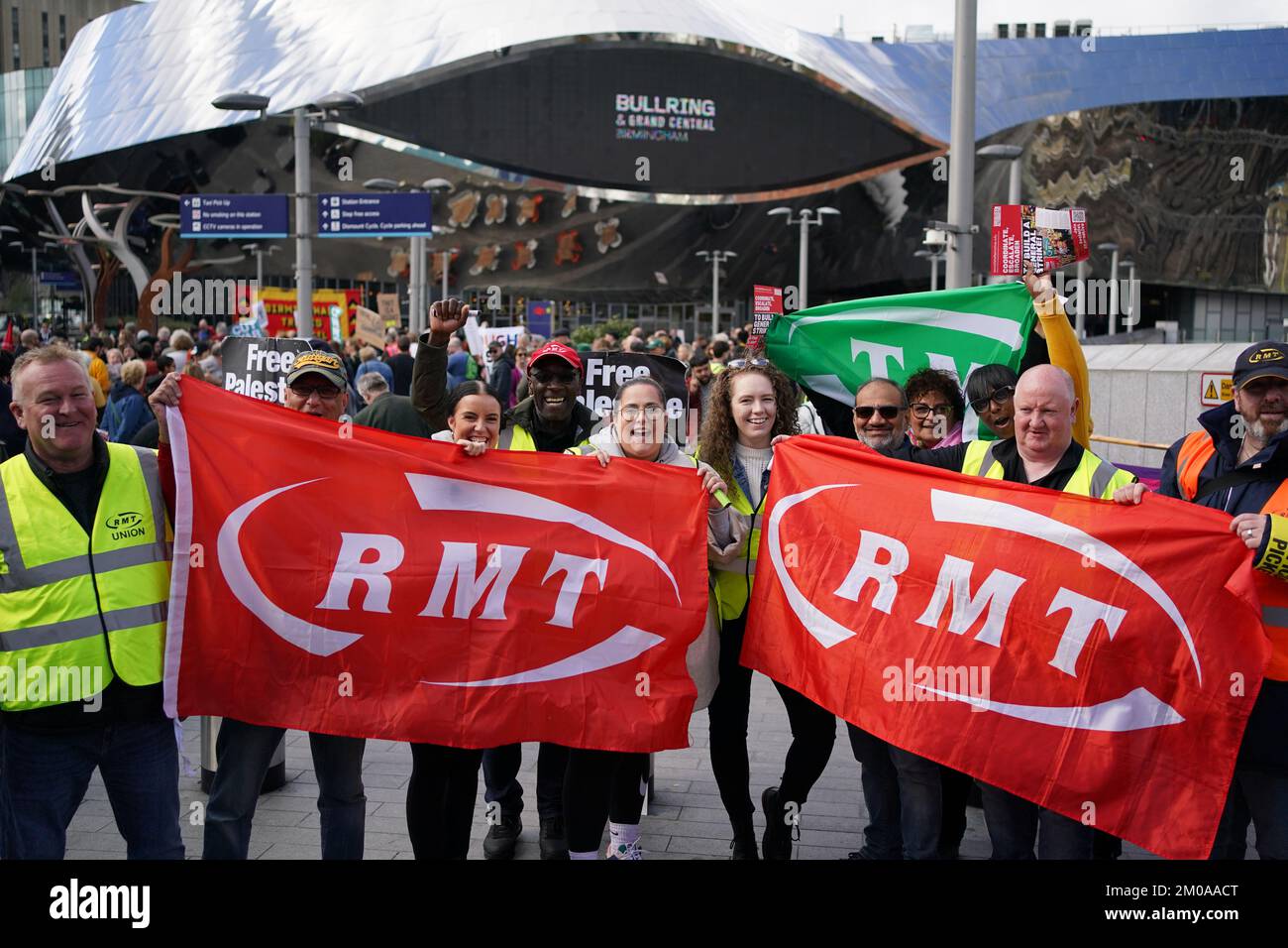 File photo dated 01/10/2022 of rail workers on a picket line at Birmingham New Street Station, as rail union chiefs have been urged to 'think again' and call off strikes which are set to cause transport chaos in the run-up to Christmas. Stock Photo