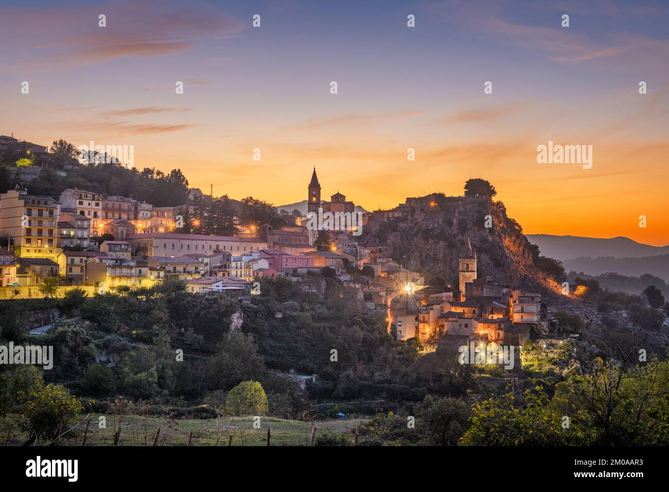 Novara di Sicilia, Italy village skyline on the island of Sicily at dusk. Stock Photo