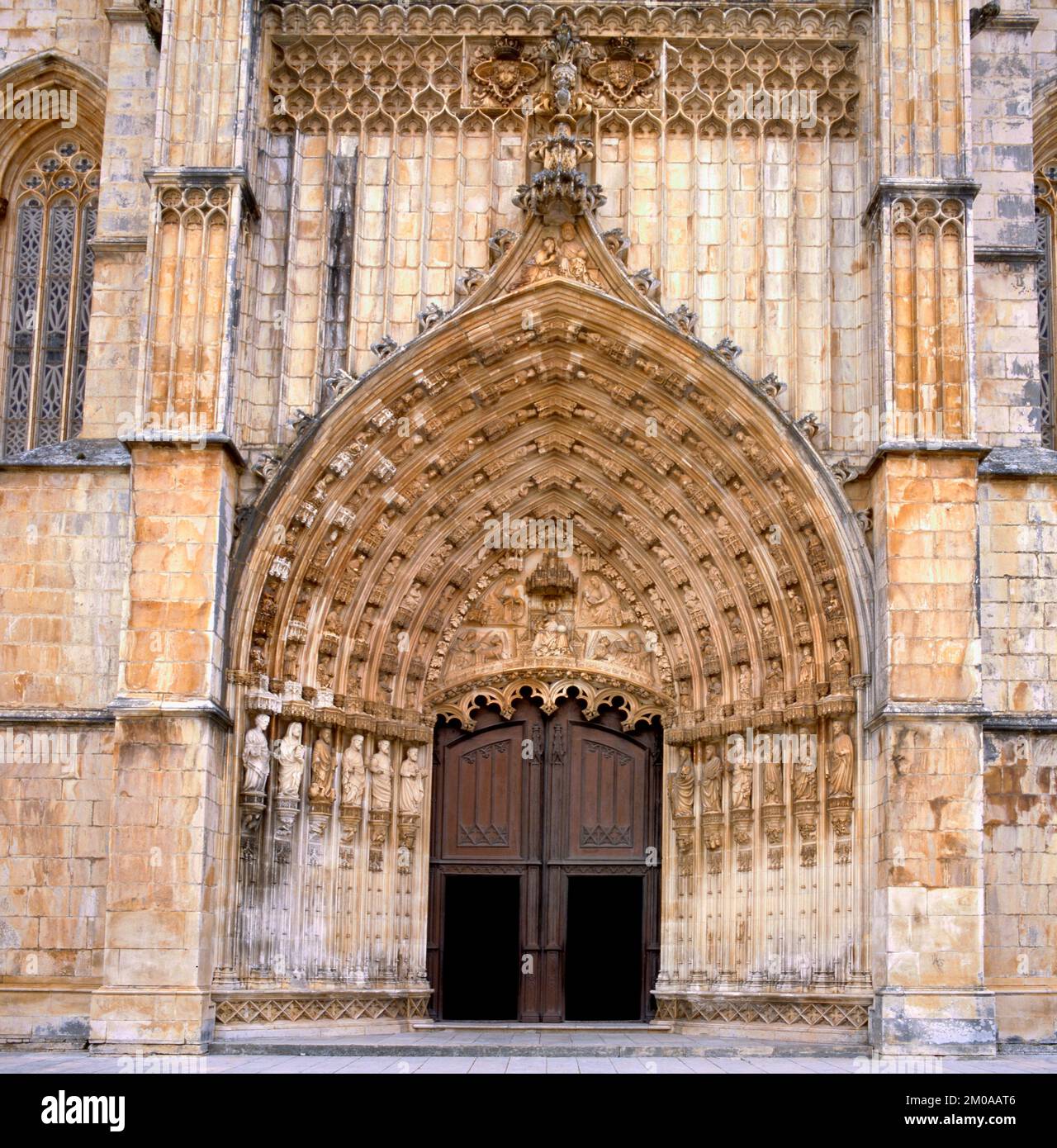 The main portal of the monastery of Batalha, Mosteiro de Santa Maria da Vitoria, listed as UNESCO world heritage site. A tourist attraction north of L Stock Photo