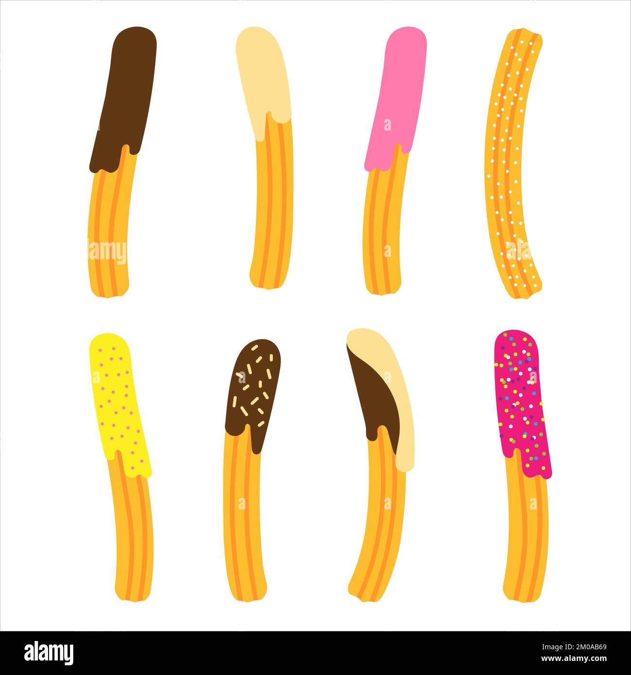 Set of churros with different toppings. Mexican snack. Hand drawn vector illustration. Churros sticks, different shapes on white. Stock Vector