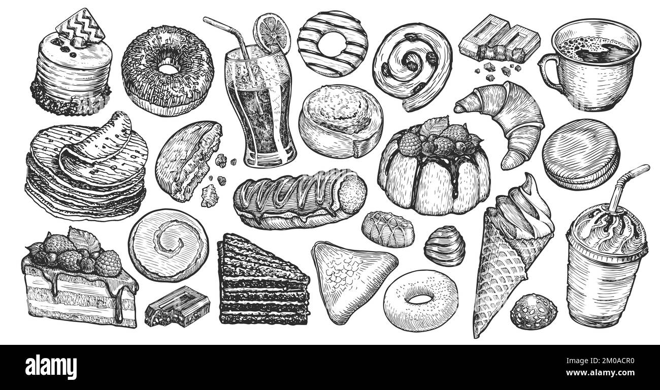Food and Drink collection isolated. Hand drawn sweet dessert concept. Set sketches for restaurant or cafe menu Stock Photo