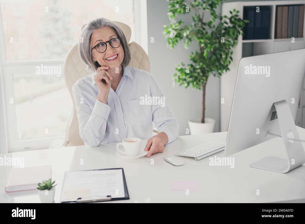 Owner Lady Portrait of minded creative company owner lady sitting chair enjoy ...