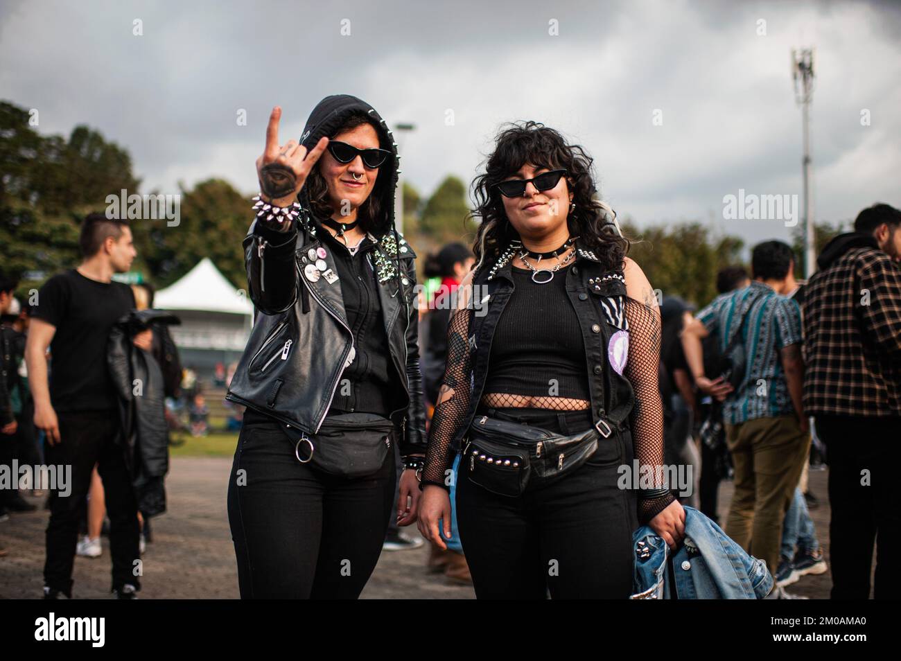 Concertgoers pose for a portrait during the third day of the comeback of 'Rock al Parque' music festival, the biggest rock festival in latin america a Stock Photo