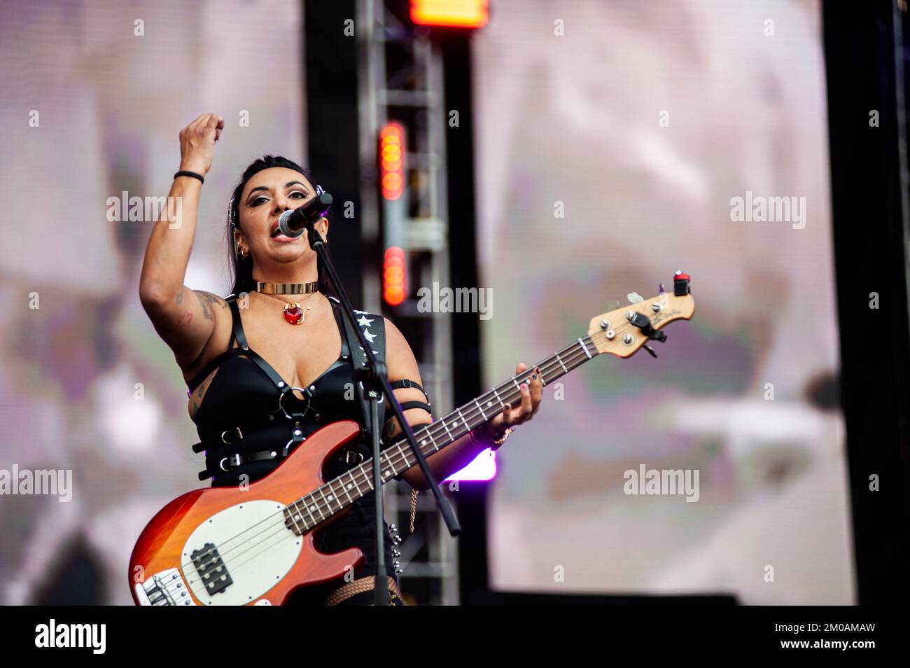 Mexican punk rock band 'Las Ultrasonicas' perform during the third day of the comeback of 'Rock al Parque' music festival, the biggest rock festival i Stock Photo