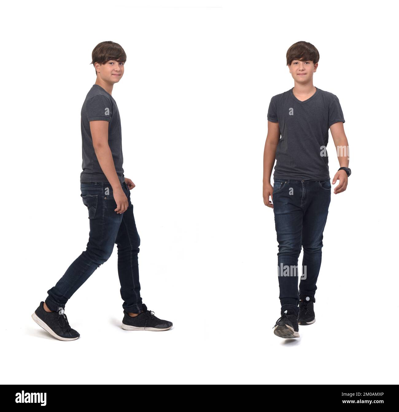 front and side view of  same teenage boy walking on white background, Stock Photo