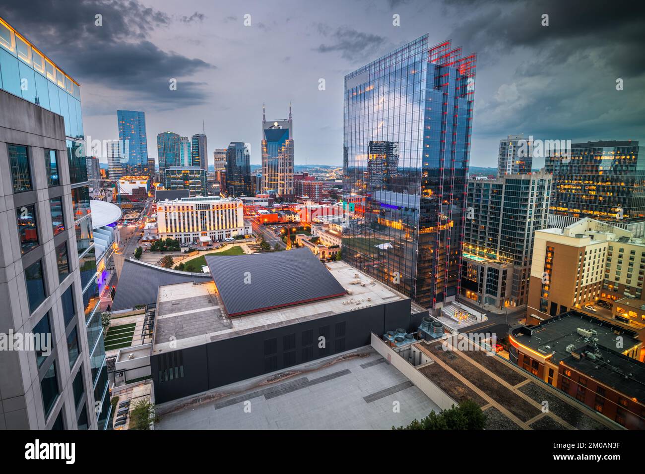 Nashville, Tennessee, USA downtown cityscape and rooftop views at dusk. Stock Photo