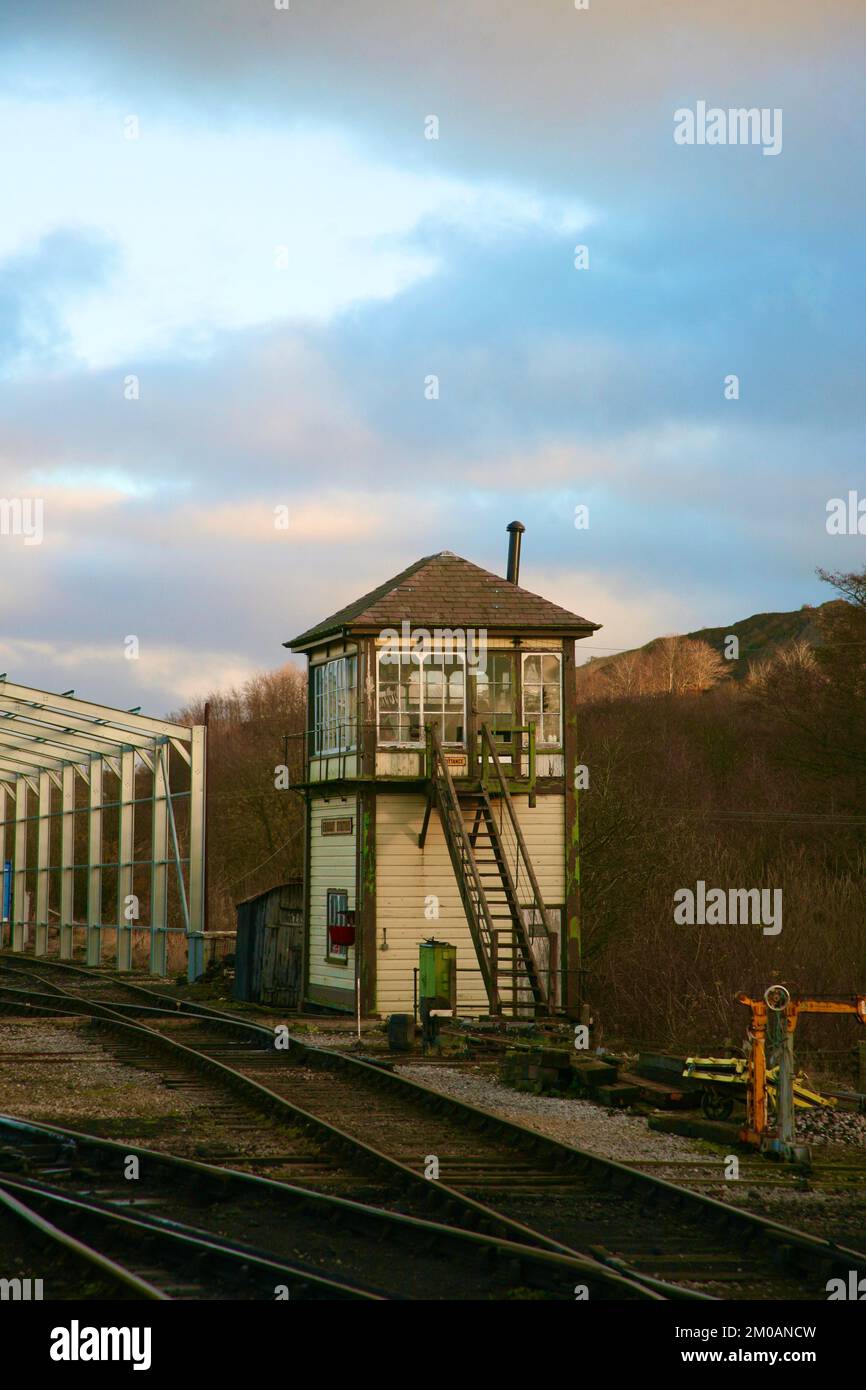 A view of the old signal box at Embsay Railway Station, Embsay, Skipton, North Yorkshire, United Kingdom, Europe Stock Photo