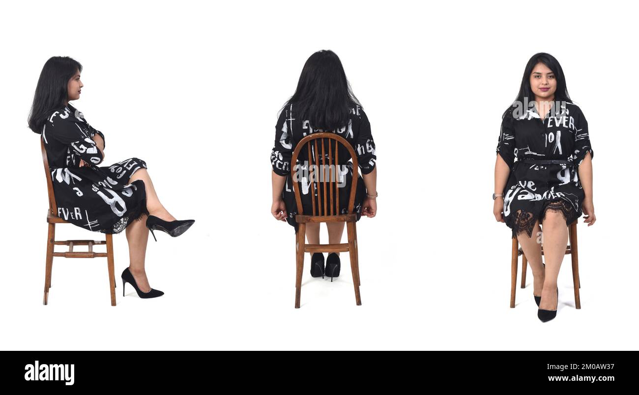 front,side and back view of latin woman with dress and high heels  sitting on chair on white background Stock Photo