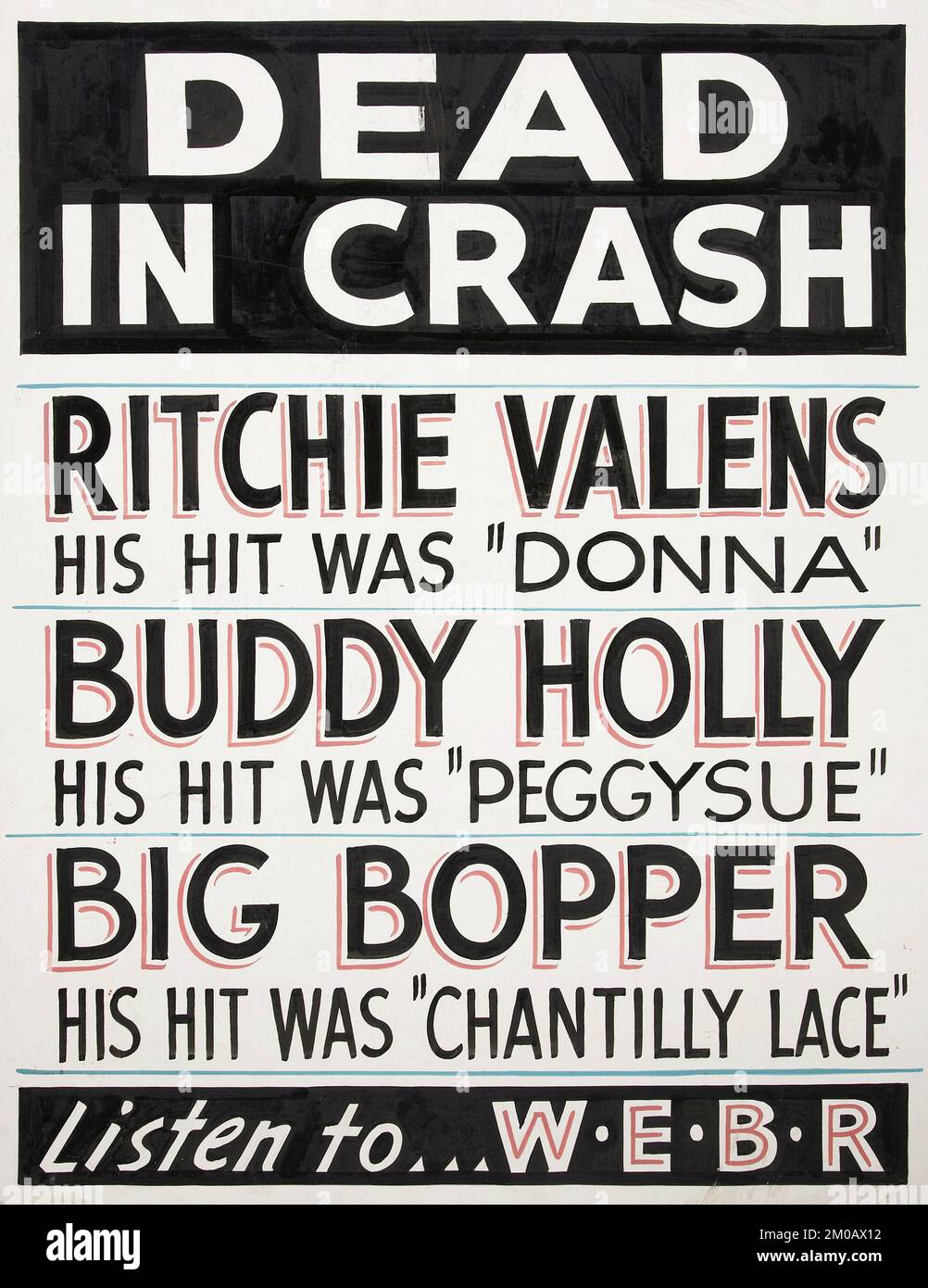 Billboard poster - Buddy Holly, Ritchie Valens and Big Bopper Dead In Crash Poster (WEBR, 1959) Stock Photo