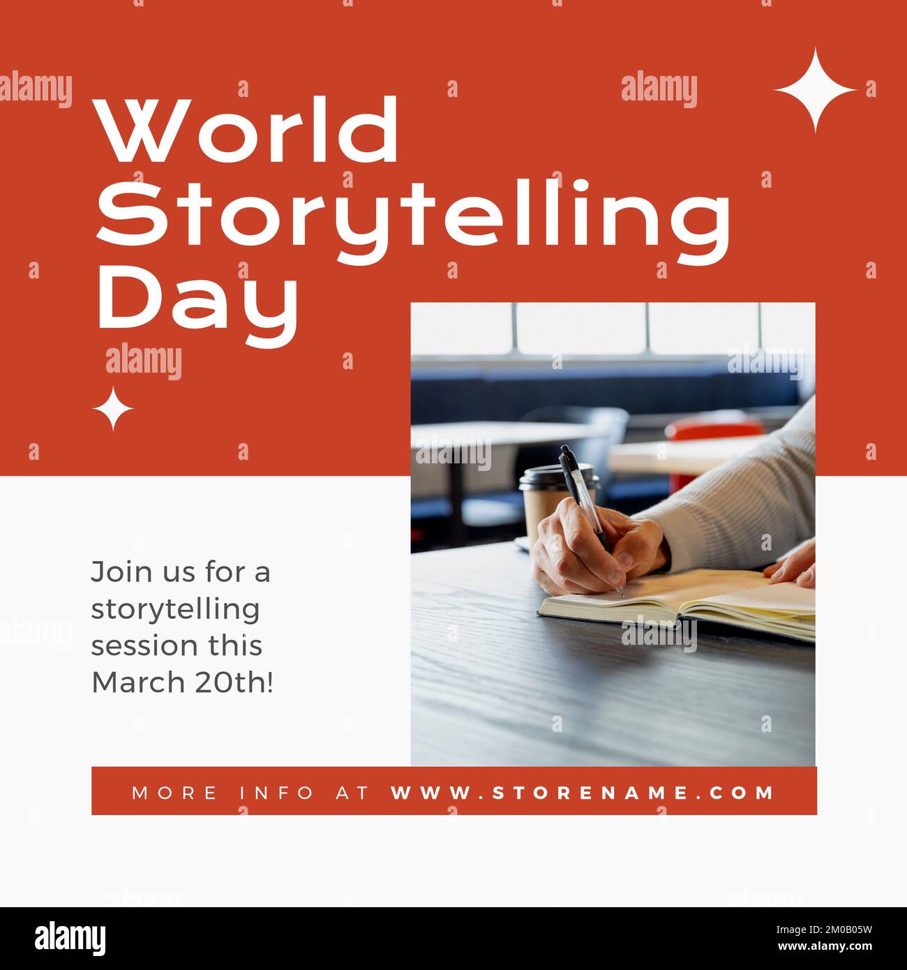 Composition of world storytelling day text with hand of woman writing Stock Photo