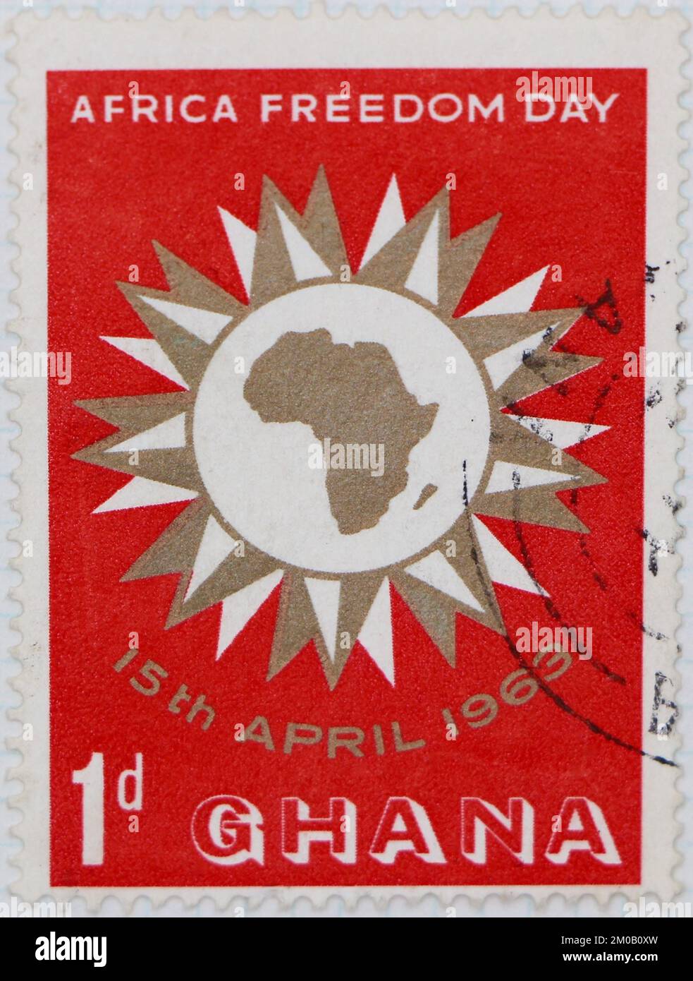 Photo of a postage stamp from Ghana Map of Africa within Sun Africa Freedom Day series 1963 Stock Photo