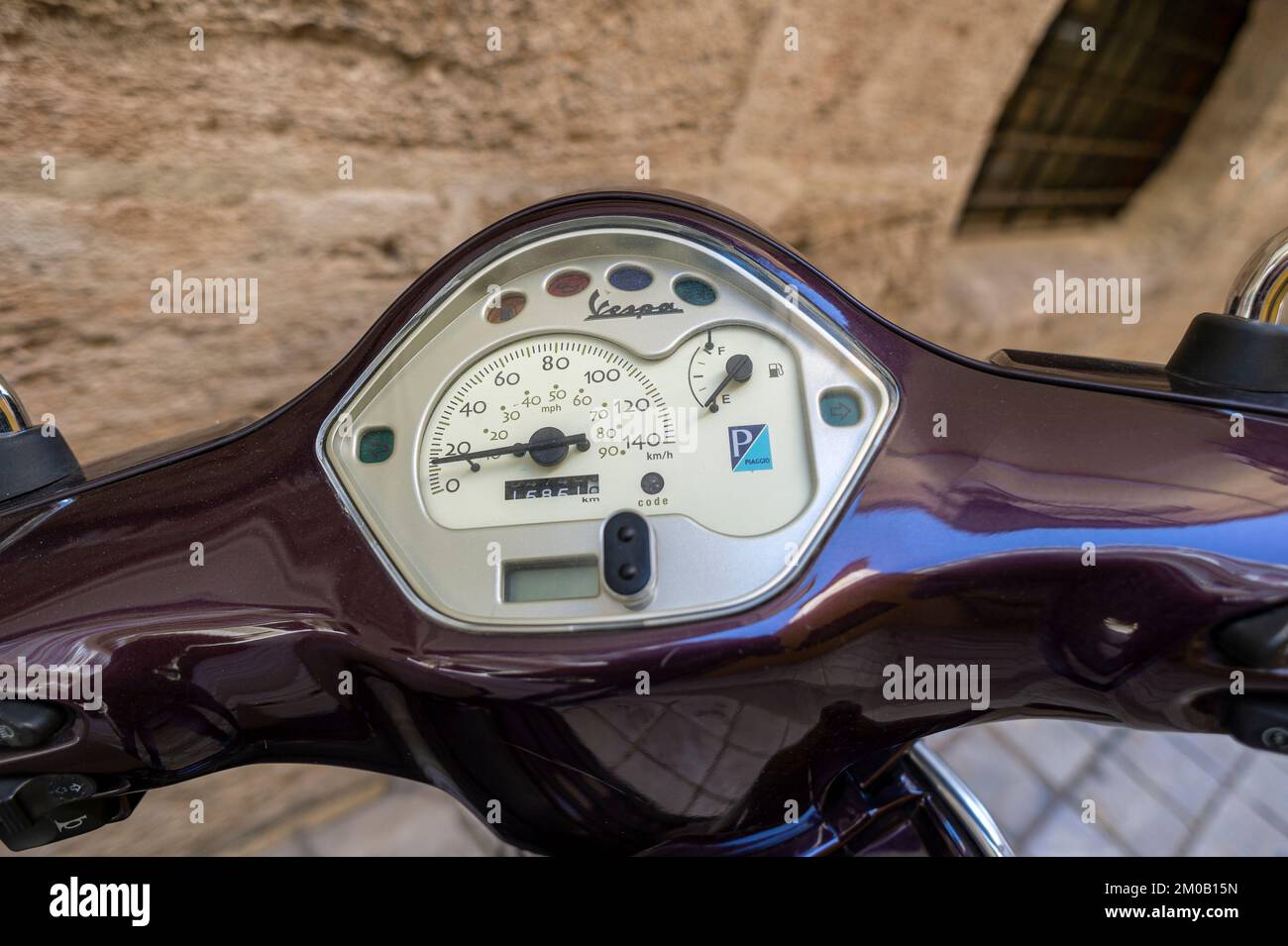 Close up detail of a modern retro vespa scooter dashboard Stock Photo