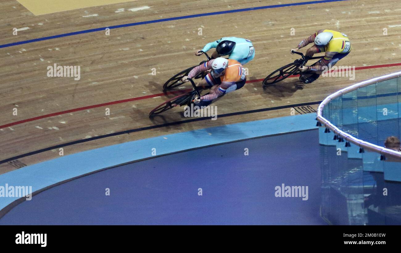 Track Cycling Champions League, Lee Valley Velodrome London UK. Matthew RICHARDSON (AUS), Jeffrey HOOGLAND (NED) and Santiago RAMIREZ MORALES (COL) in Stock Photo