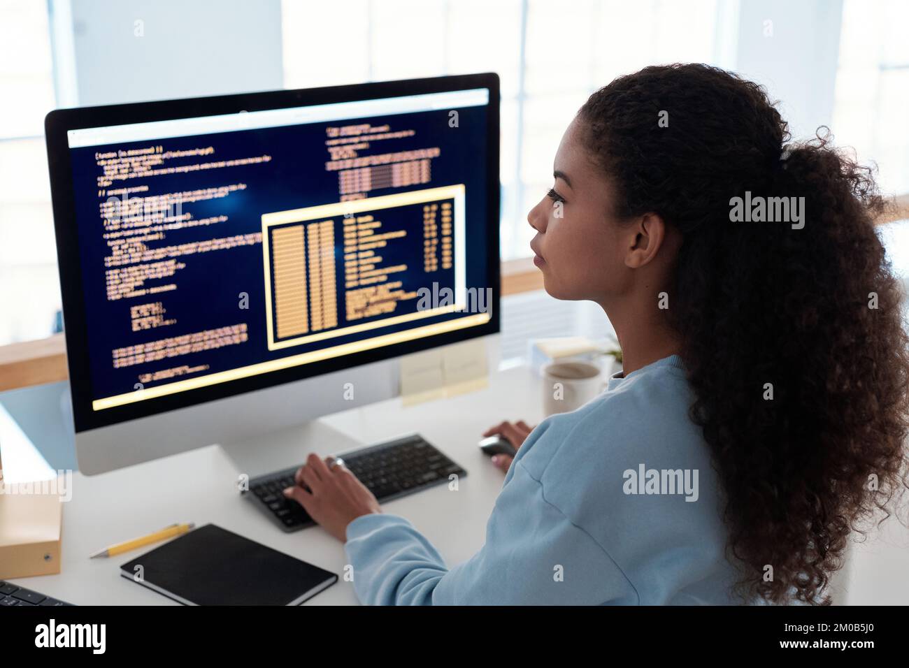 Serious female programmer writing code for testing computer software Stock Photo