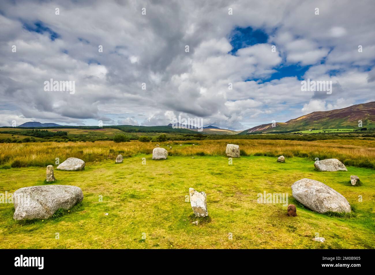 The image is of the Machrie stone circle thought to be around 5000 years old on the Island of Arran Stock Photo
