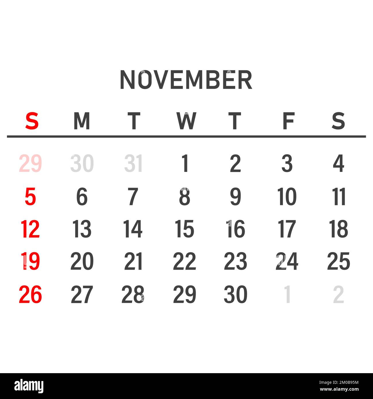 Calendar template for november 2023. Layout for november 2023 year. Printable monthly planner. Desk calendar design. Start of the week on Sunday Stock Vector