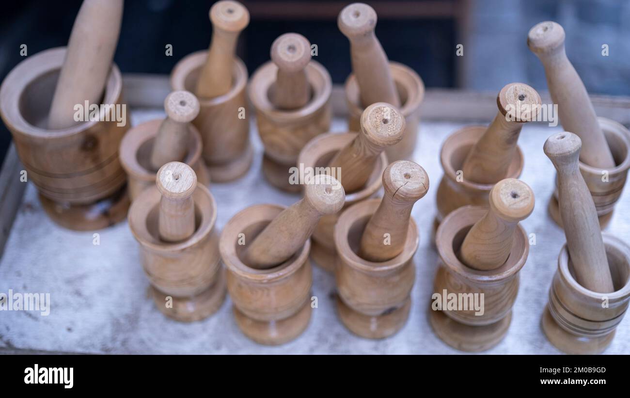 Wooden tool for crushing garlic and similar plants, wood carving Stock