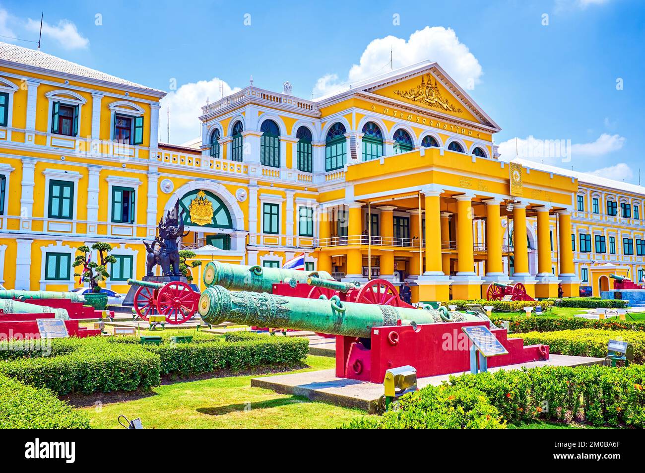 Old cannnons on the lawn at Ministry of Defence headquarters building in Bangkok, Thailand Stock Photo