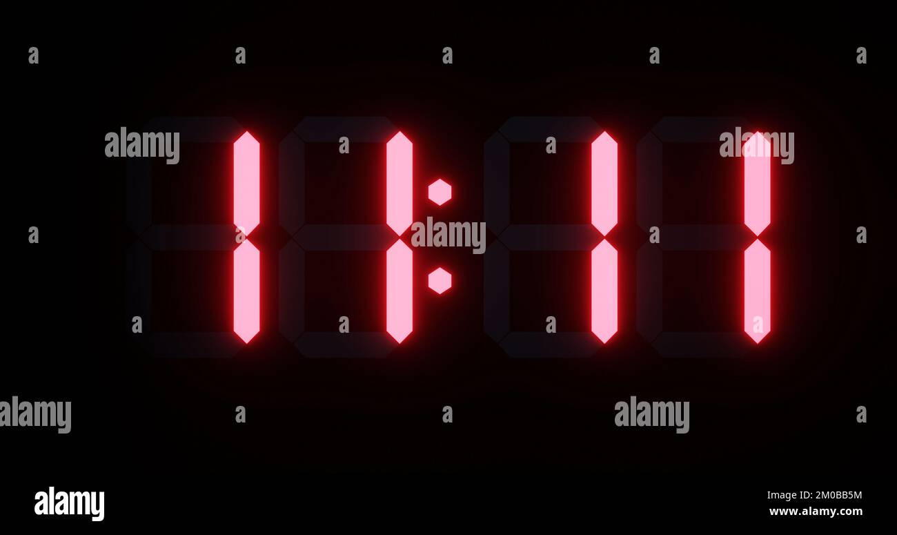 close up 80s retro style digital clock face displaying magical number 11:11 in glowing red numbers on black background. 3d render Stock Photo