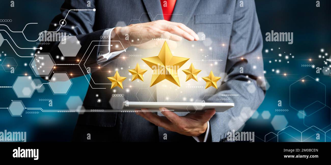 Businessman with five star rating. Positive customer feedback with ...