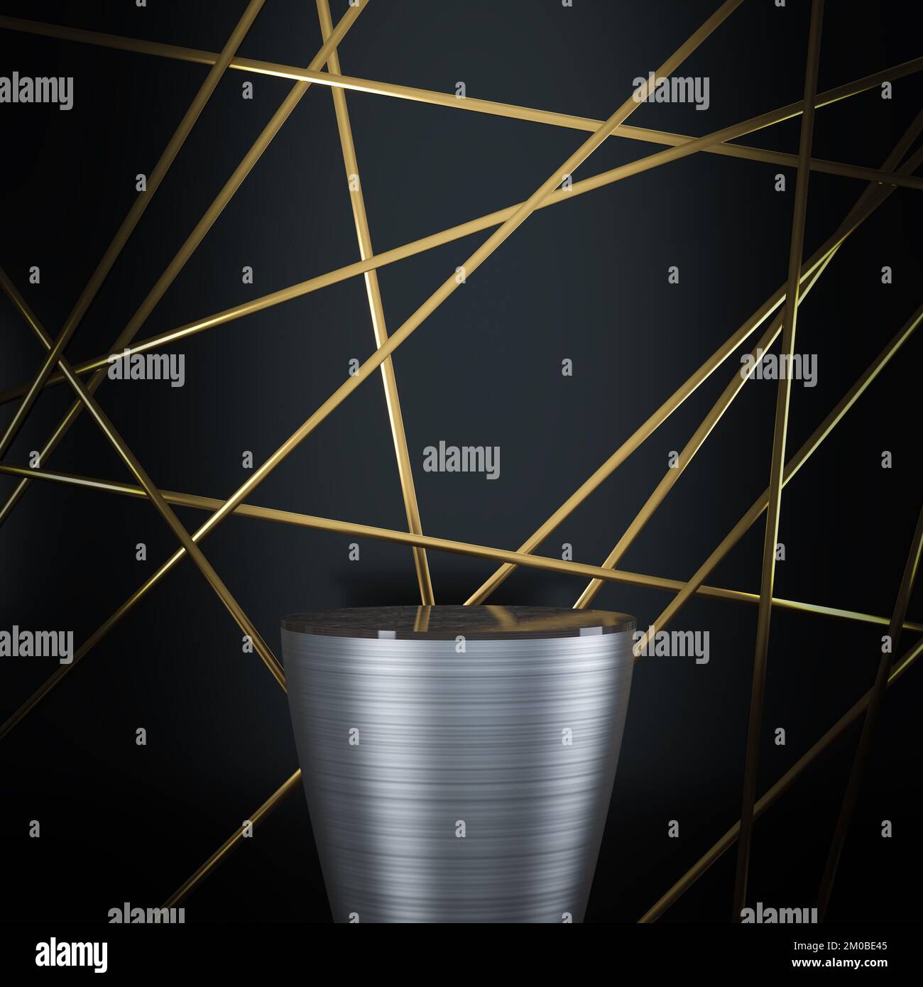 conical steel podium with dark and gold background. 3d rendered Stock