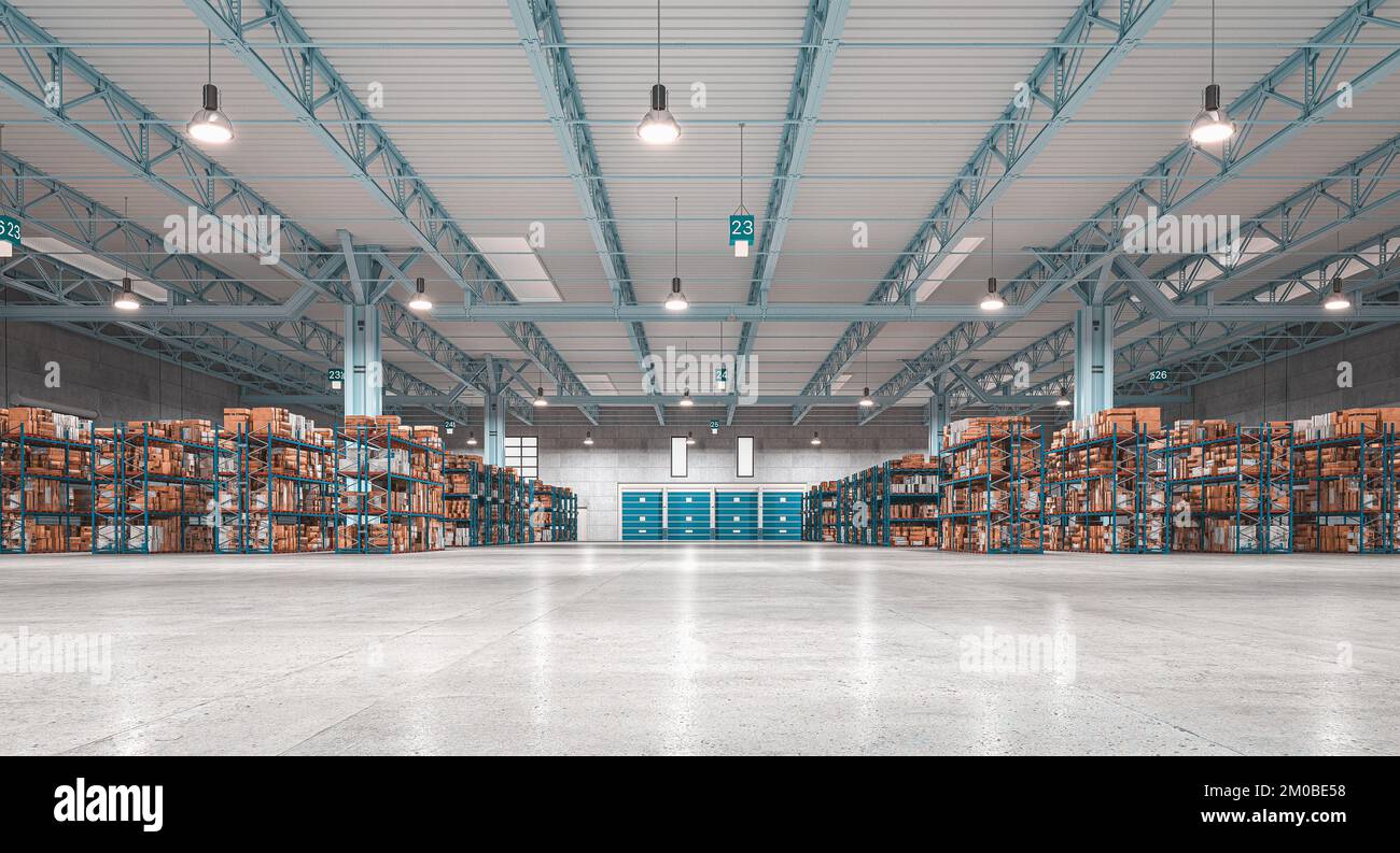 industrial interior, warehouse with goods and shelves. 3d render Stock Photo