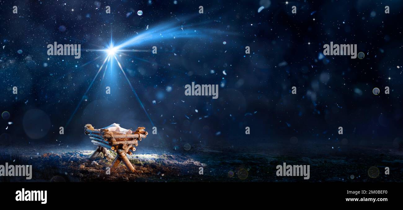 Nativity Scene - Birth Of Jesus Christ With Manger In Snowy Night And ...