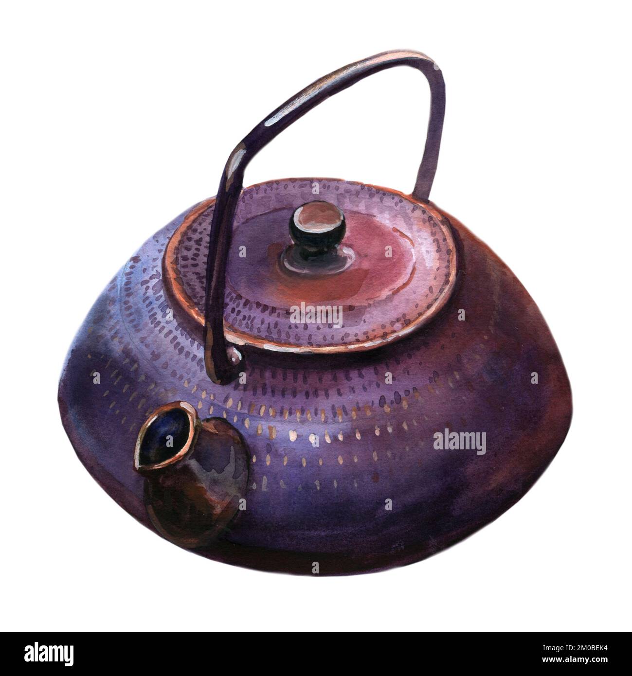 Japanese dack purple cast iron teapot watercolor painting on white