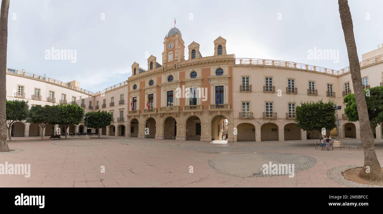 Alméria Spain - 09 15 2021: Panoramic view at the Almeria city Council Building facade, a classic ecletic style building, located on Constitution squa Stock Photo