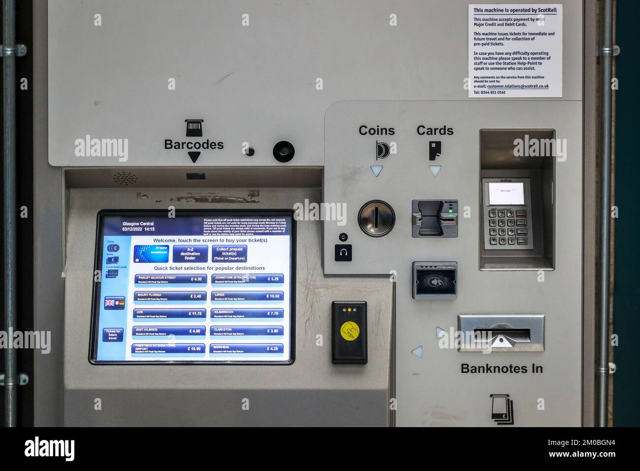Scotrail electronic self serve ticket machine installed at Glasgow Central railway station, Glasgow, Scotland, UK Stock Photo