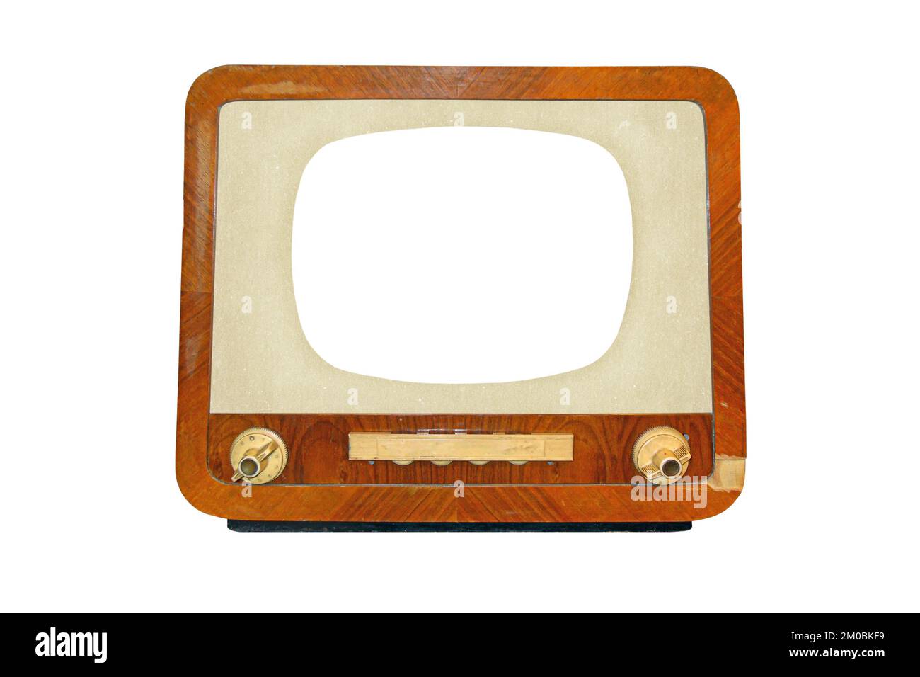 Old retro CRT television receiver with blank screen isolated on white background, vintage analog TV technology Stock Photo