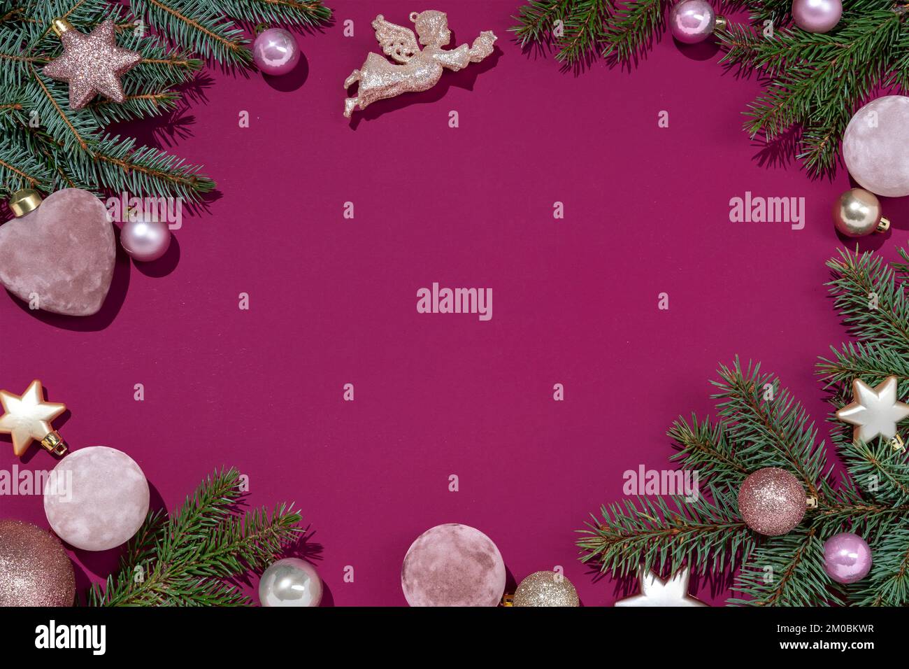 Christmas background with fir-tree branches and decoration toys. Merry Christmas and Happy New Year concept Stock Photo