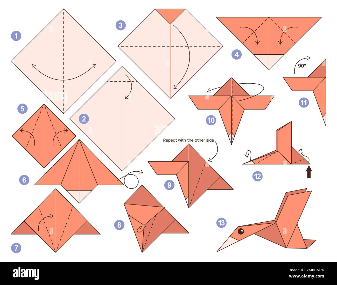 Origami tutorial for kids. Origami cute Bird. Stock Vector