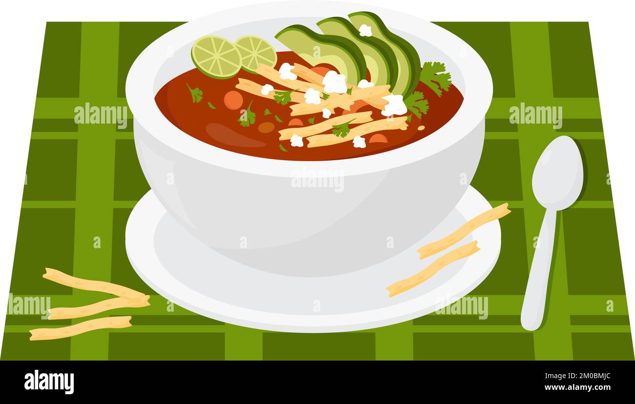 Traditional zesty Mexican Tomato Soup with tortilla chips. Latin