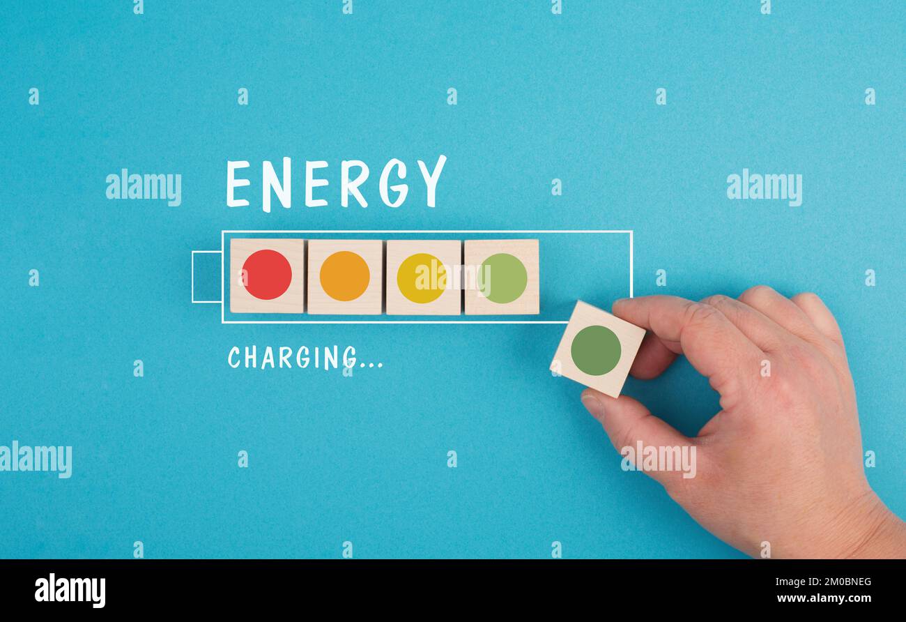 Battery charging, loading bar, gaining power, healthy lifestyle concept Stock Photo