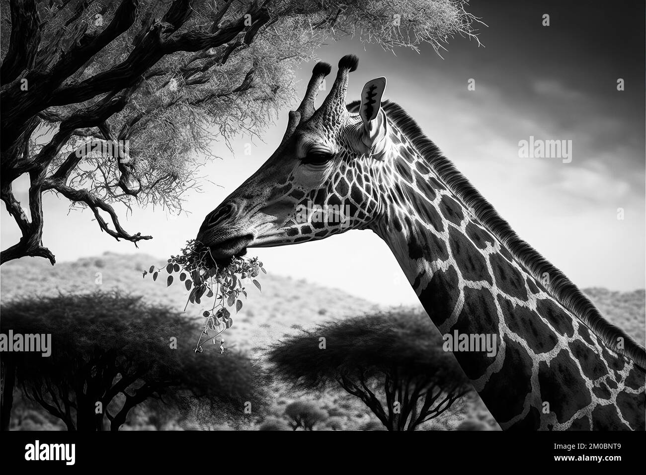 A black and white illustration of a giraffe grazing in the savanna Stock Photo Alamy