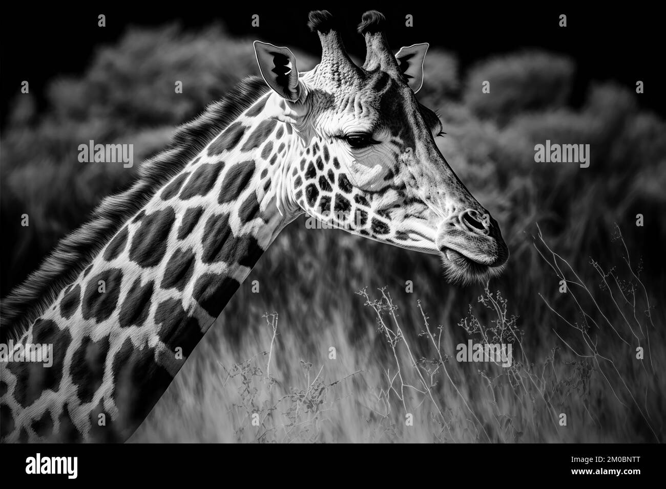 A closeup illustration of a black and white giraffe standing in the