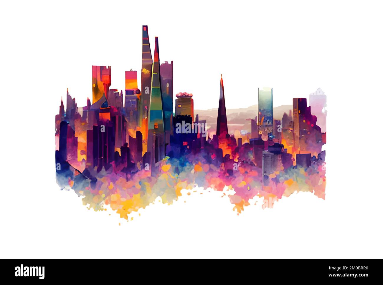 Vector city with skyscrapers skyline illustration in watercolors isolated on light background Stock Vector