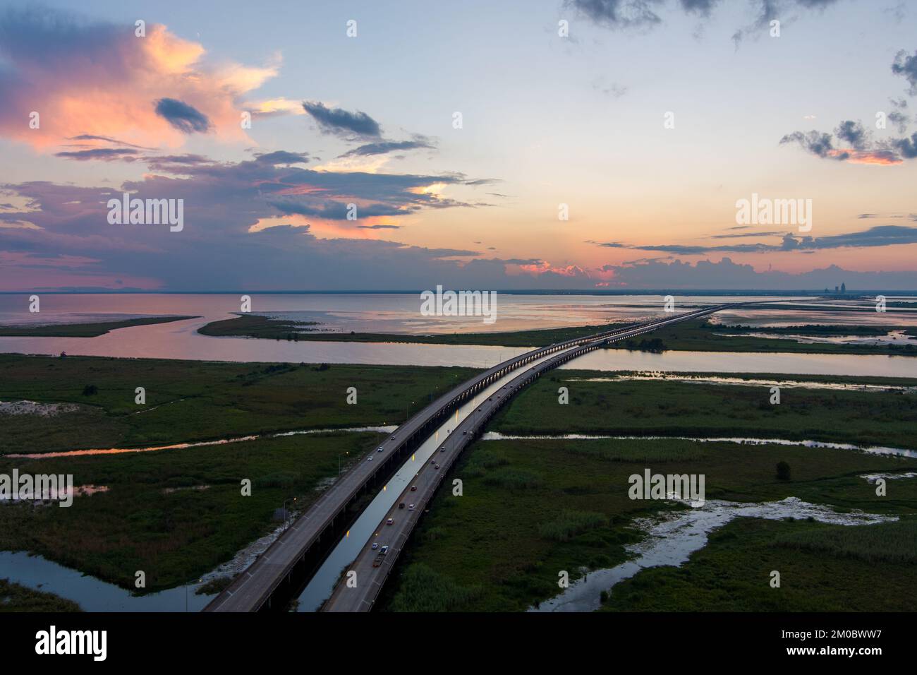 Aerial view of Mobile Bay bridge at sunset in September 2022 Stock ...