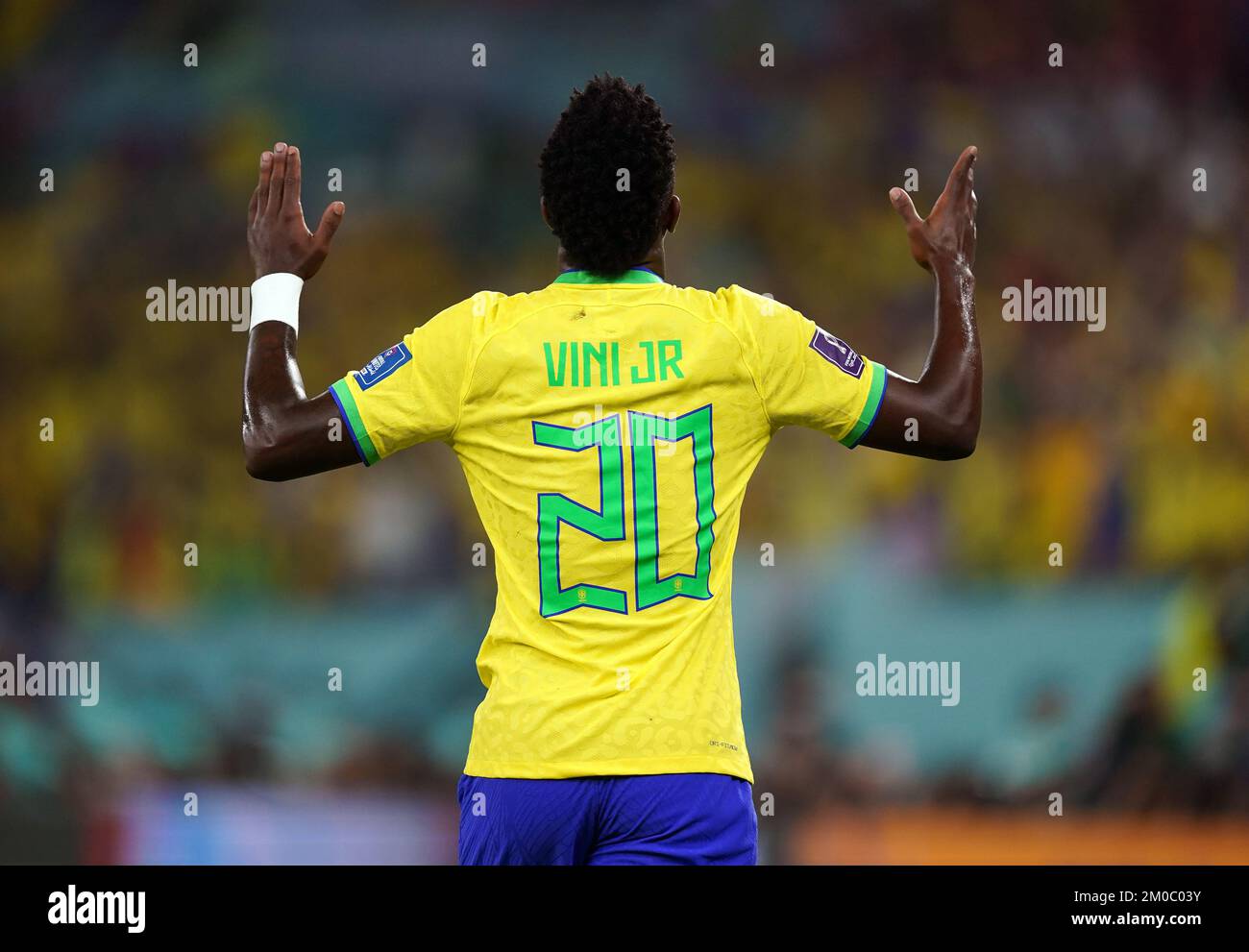 Brazil's Vinicius Junior celebrates scoring their side's first goal of the game during the FIFA World Cup Round of Sixteen match at Stadium 974 in Doha, Qatar. Picture date: Monday December 5, 2022. Stock Photo